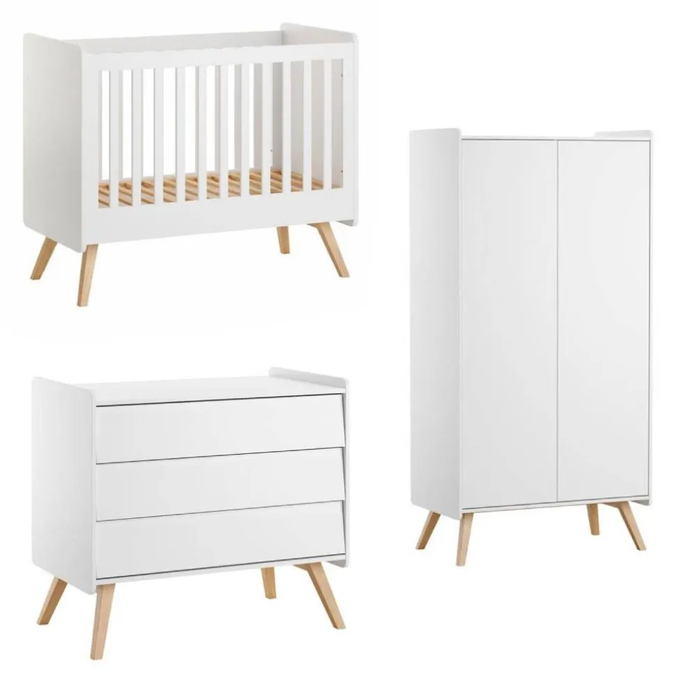Chambre trio lit bébé 60 x 120 cm + commode 3 tiroirs + armoires 2 portes vintage blanc