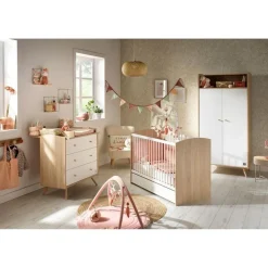 Chambre trio lit bébé 60x120 cm + commode 3 tiroirs + armoire access bois blanc