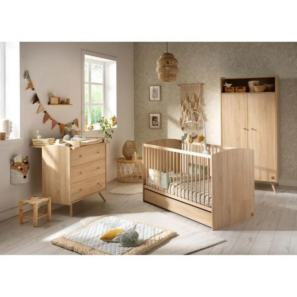 Chambre trio lit bébé 60x120 cm + commode 3 tiroirs + armoire access bois