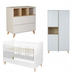 Chambre trio lit bébé 70x140 cm évolutif en lit enfant + armoire + commode avec plan à langer loft white