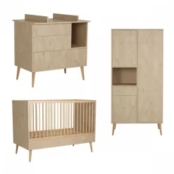 Chambre trio lit bébé 70x140 cm évolutif en lit enfant + armoire + commode avec plan à langer cocoon natural oak