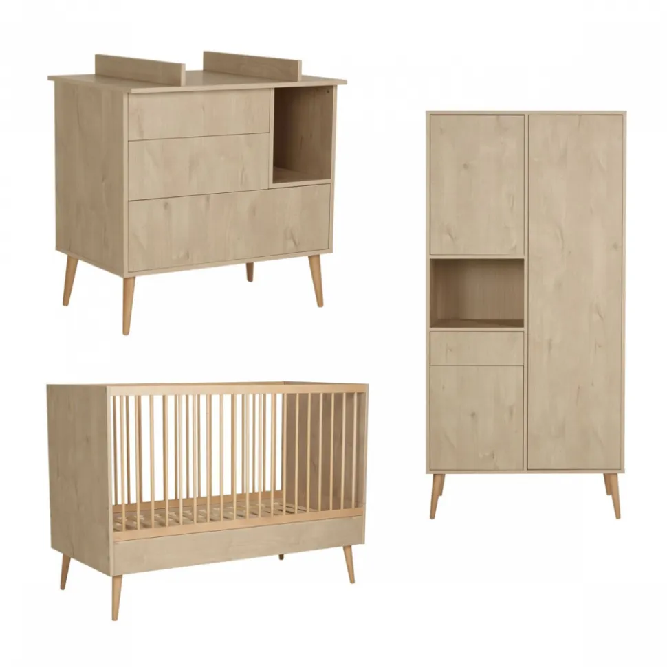Chambre trio lit bébé 70x140 cm évolutif en lit enfant + armoire + commode avec plan à langer cocoon natural oak