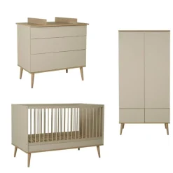 Chambre trio lit bébé 70x140 cm évolutif en lit enfant + armoire + commode avec plan à langer flow argile & oak