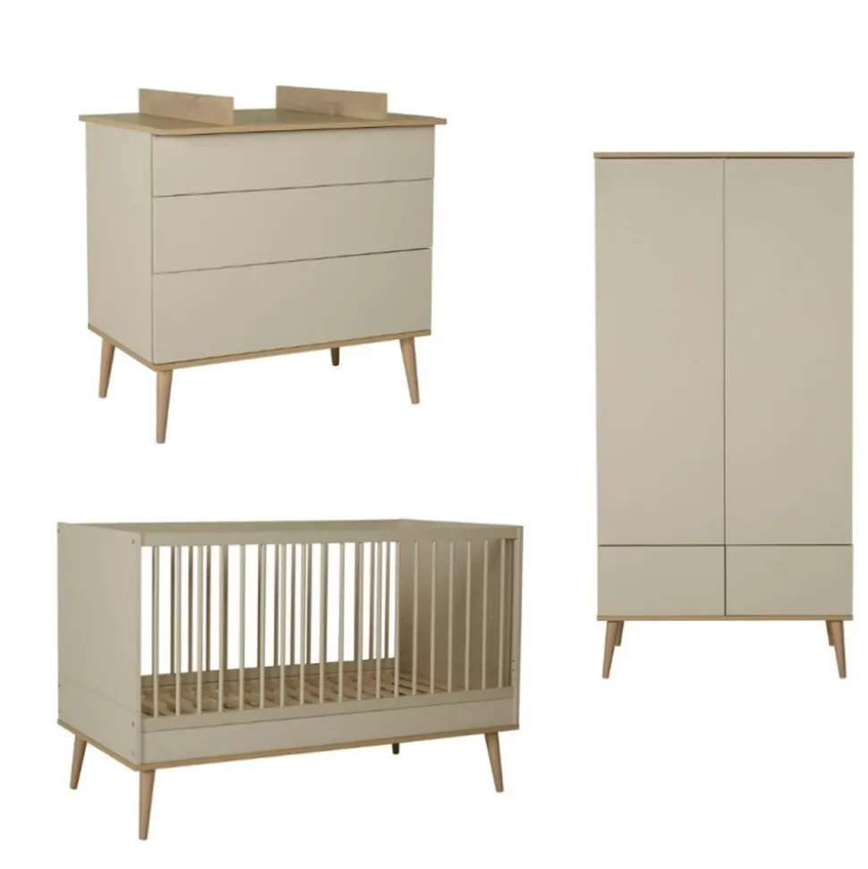 Chambre trio lit bébé 70x140 cm évolutif en lit enfant + armoire + commode avec plan à langer flow argile & oak