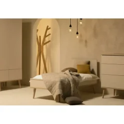Chambre trio lit bébé 70x140 cm évolutif en lit enfant + armoire + commode avec plan à langer flow argile & oak