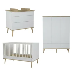 Chambre trio lit bébé 70x140 cm évolutif en lit enfant + armoire xl + commode avec plan à langer flow white & oak