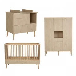 Chambre trio lit bébé 70x140 cm évolutif en lit enfant + armoire xl + commode avec plan à langer cocoon natural oak