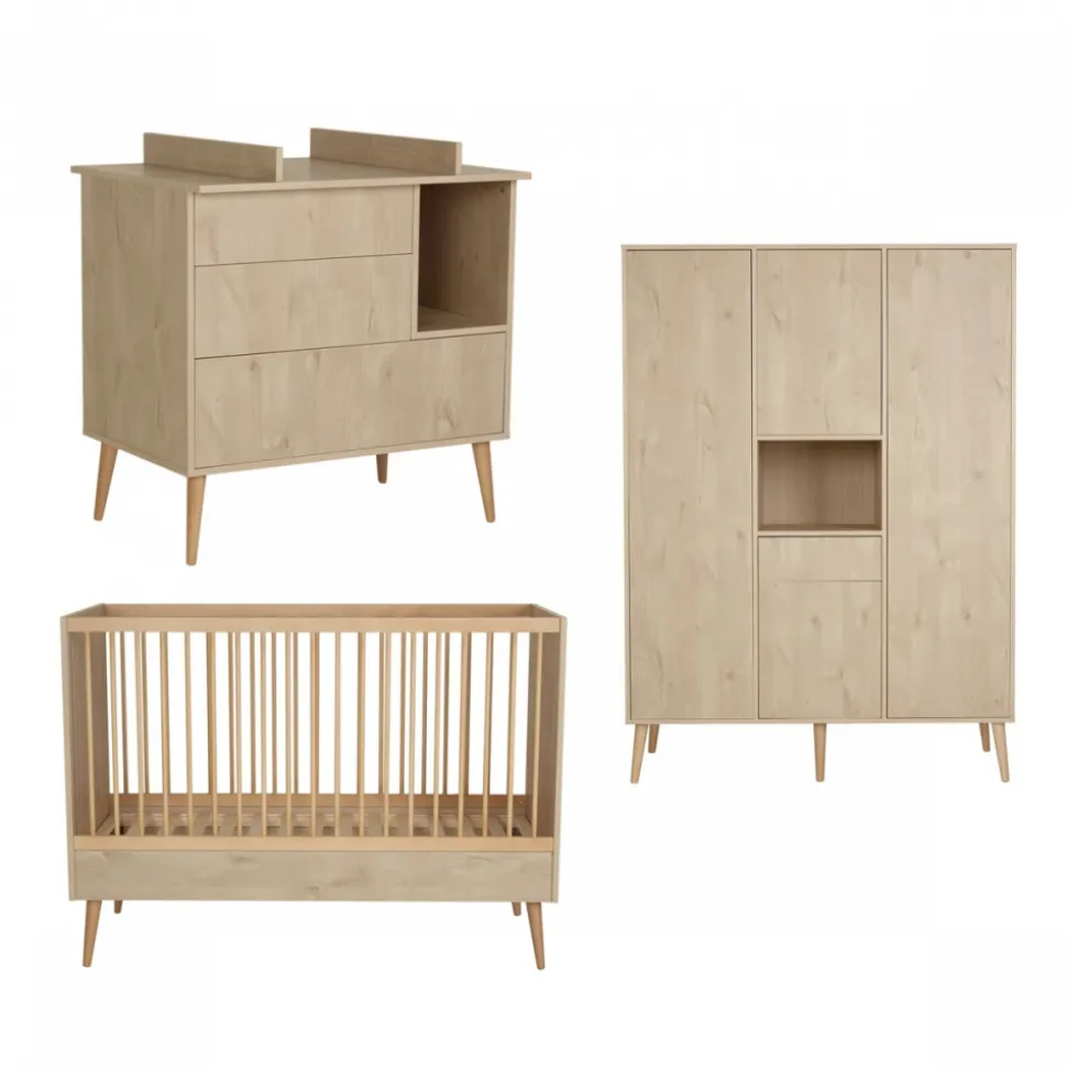 Chambre trio lit bébé 70x140 cm évolutif en lit enfant + armoire xl + commode avec plan à langer cocoon natural oak