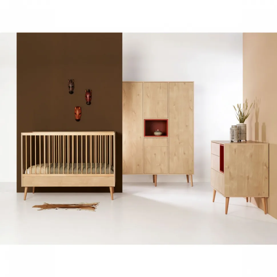 Chambre trio lit bébé 70x140 cm évolutif en lit enfant + armoire xl + commode avec plan à langer cocoon natural oak