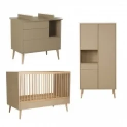 Chambre trio lit bébé 70x140 cm évolutif en lit enfant + armoire + commode avec plan à langer cocoon latte