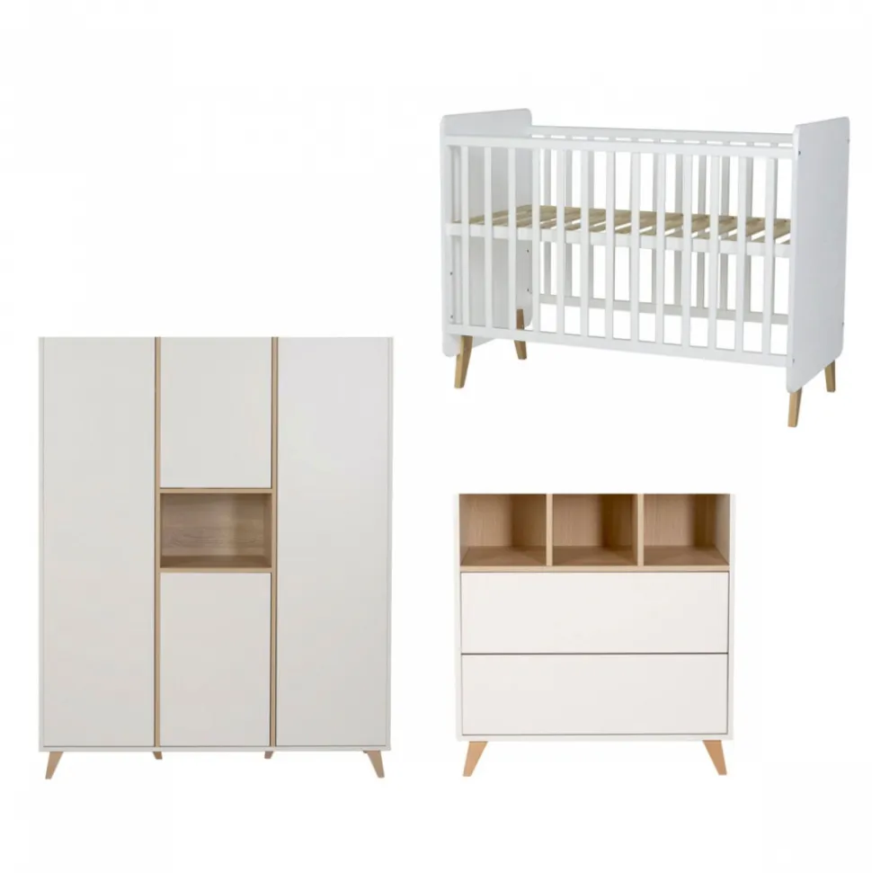 Chambre trio lit bébé 60x120 cm évolutif en lit junior + armoire xl + commode avec plan à langer loft