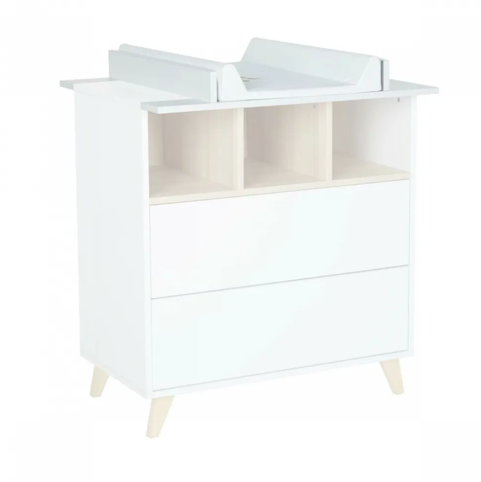 Chambre trio lit bébé 60x120 cm évolutif en lit junior + armoire + commode avec plan à langer loft white