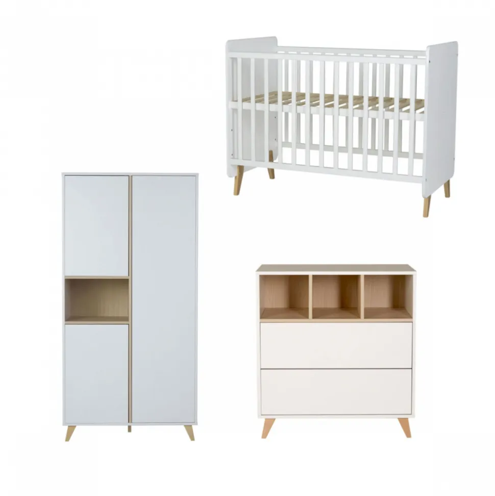 Chambre trio lit bébé 60x120 cm évolutif en lit junior + armoire + commode avec plan à langer loft white