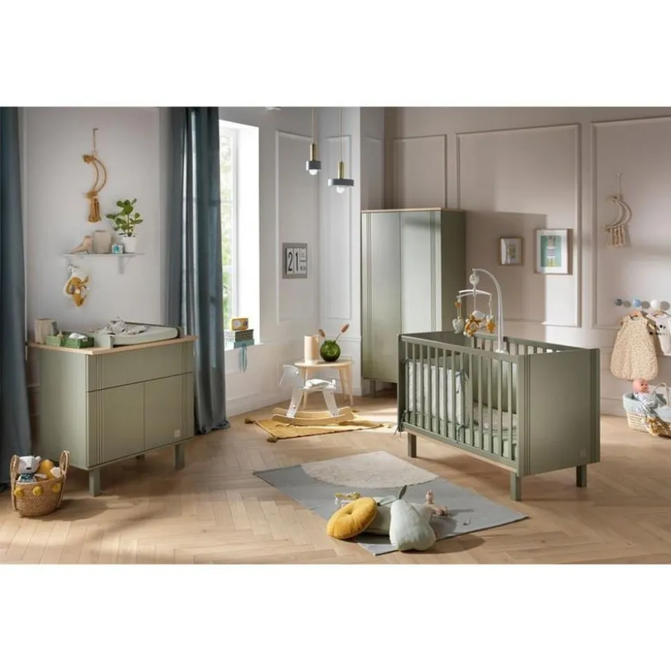 Chambre trio lit bébé 60x120 + commode 1 tiroir 2 portes + armoire eleonore kaki