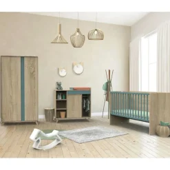 Chambre trio lit combiné évolutif70x140en140x190+commode+armoire nova argile douce