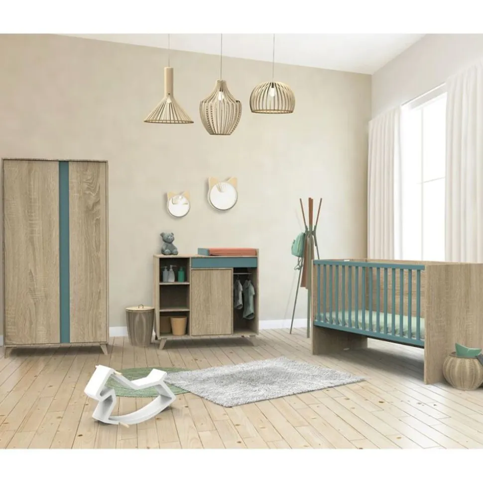 Chambre trio lit combiné évolutif70x140en140x190+commode+armoire nova argile douce