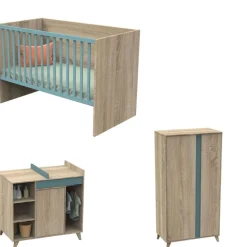 Chambre trio lit combiné évolutif70x140en140x190+commode+armoire nova argile douce