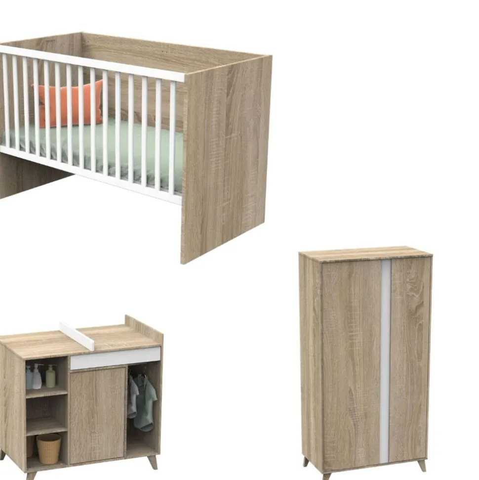 Chambre trio lit combiné évolutif 70x140en140x190 + commode + armoire nova blanc lin