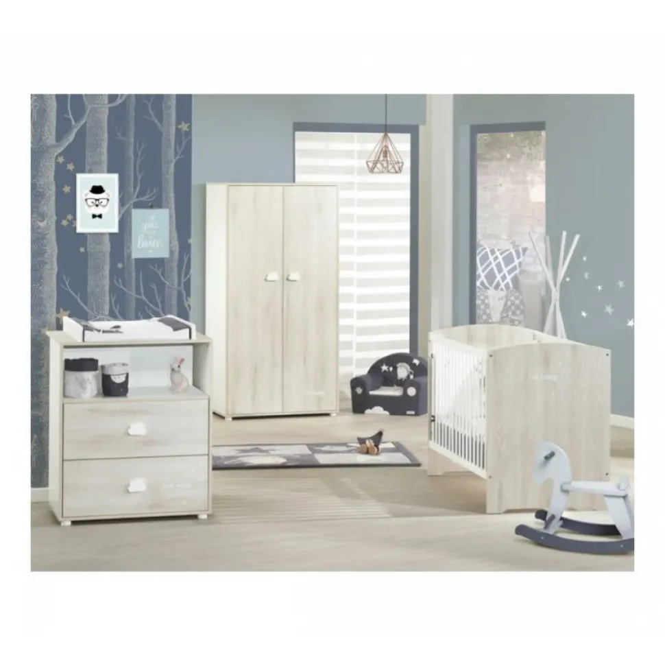 Chambre trio lit little big bed + commode + armoire smile hêtre cendré