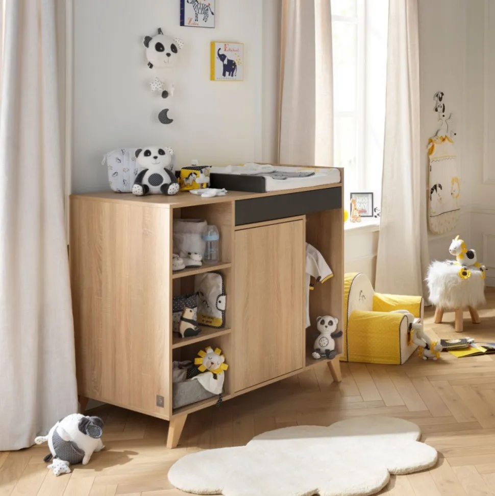 Chambre trio lit évolutif bébé combiné 70x140 cm en 140x200 cm + armoire + commode nova gris volcan