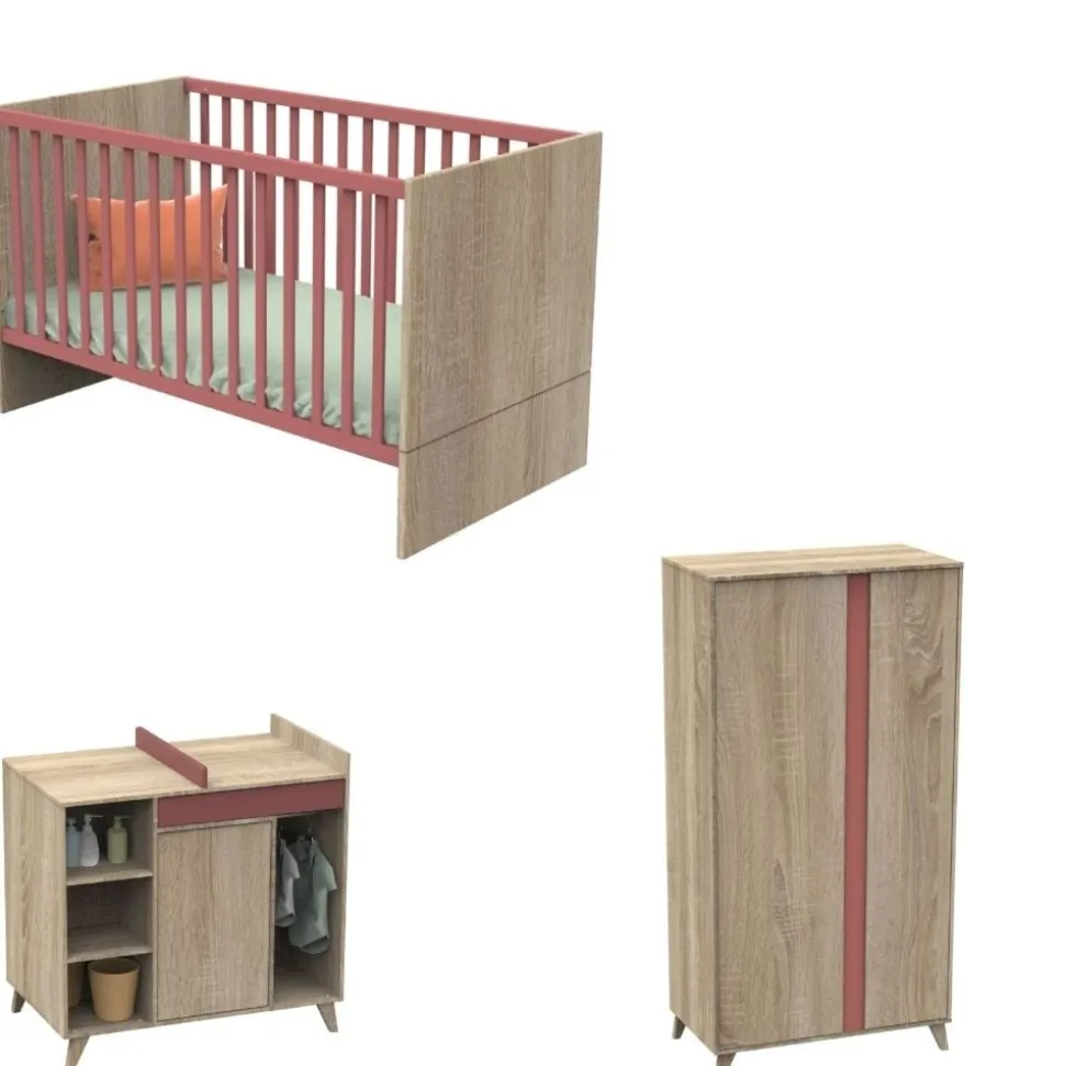 Chambre trio lit 70x140 + commode + armoire nova rose canyon