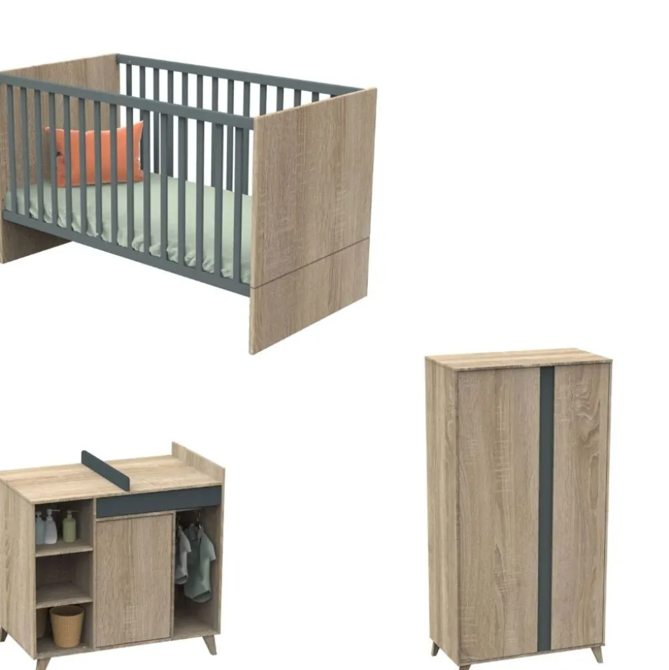 Chambre trio lit 70x140 + commode + armoire nova gris volcan