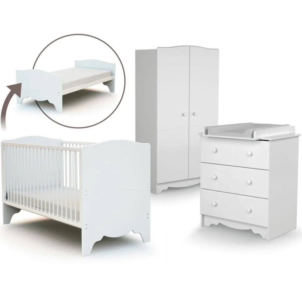 Chambre trio marelle lit 70x140 cm + commode à langer + armoire blanc