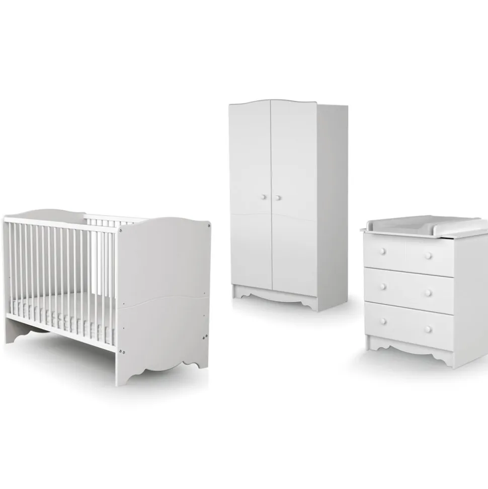 Chambre trio marelle lit 60x120 cm + commode à langer + armoire blanc