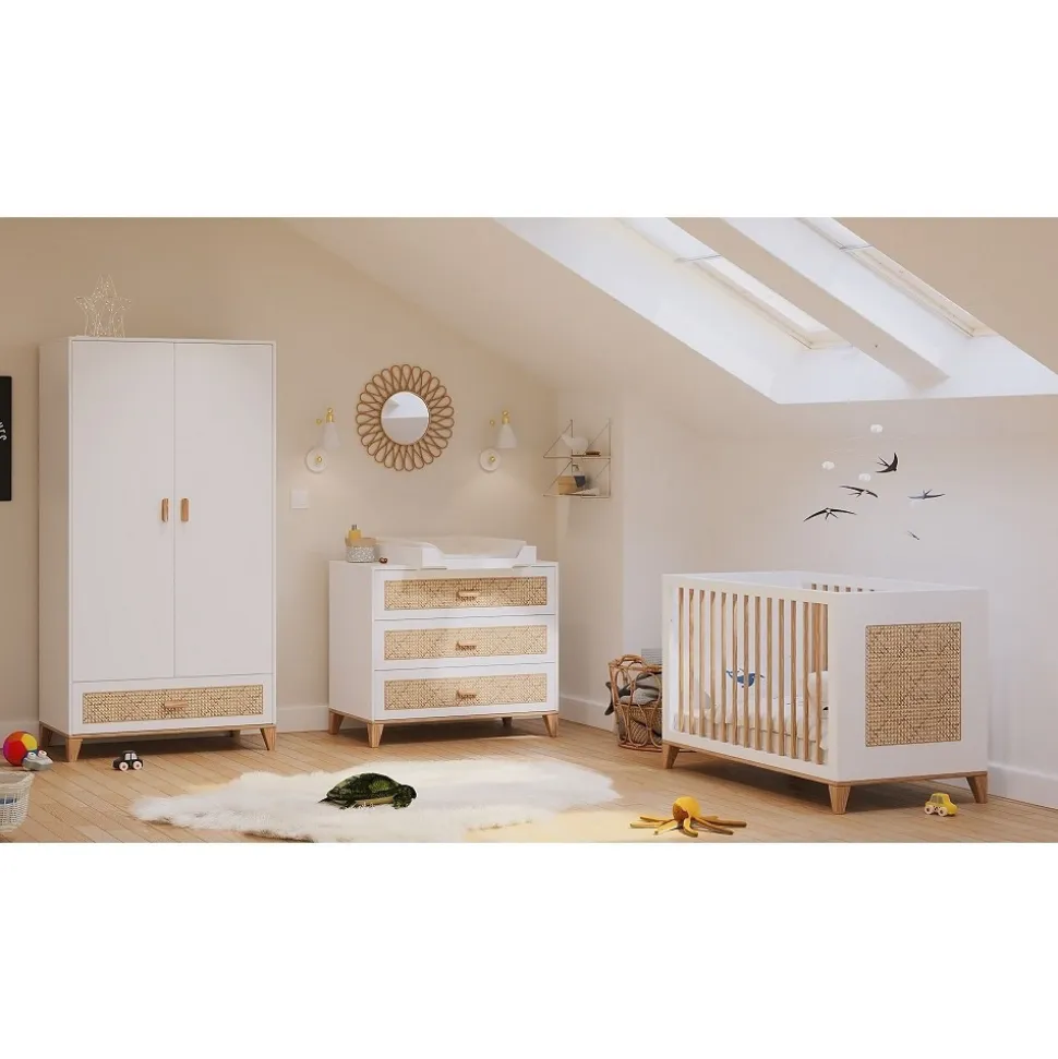 Chambre trio nami neige lit 60x120 cm + commode + armoire