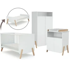 Chambre trio pirate lit 70x140 cm + meuble à langer + armoire blanc et hêtre verni