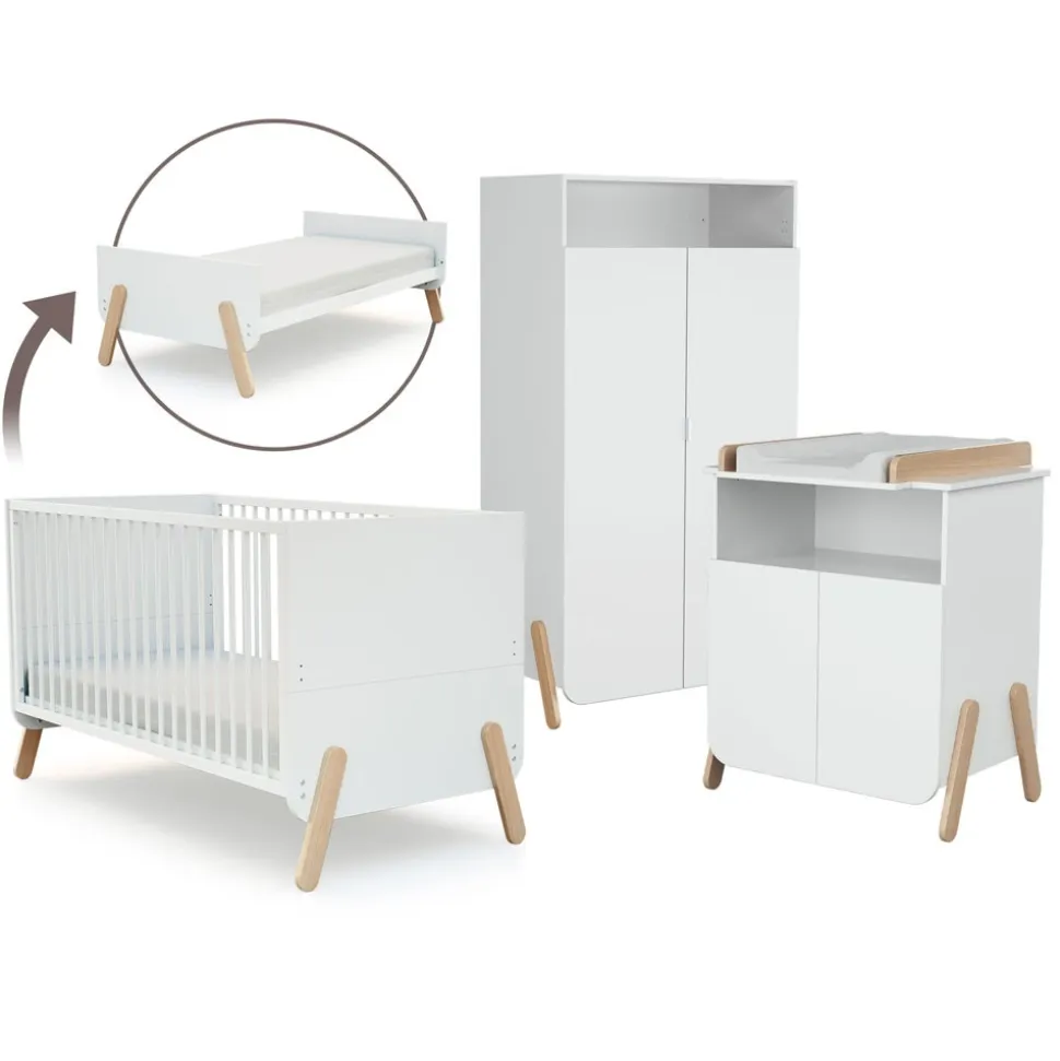 Chambre trio pirate lit 70x140 cm + meuble à langer + armoire blanc et hêtre verni