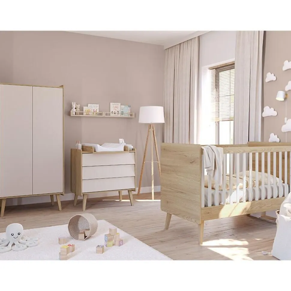 Chambre trio vintage fresh beige lit 60x120 cm + commode + armoire 2 portes