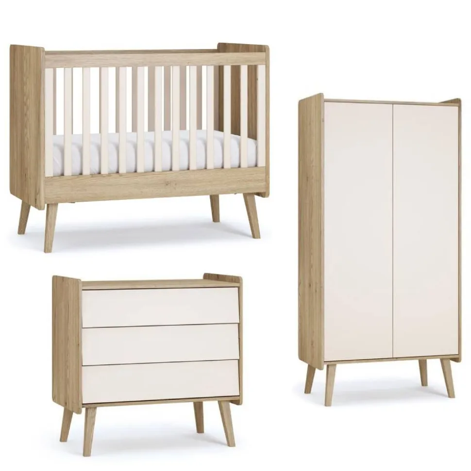 Chambre trio vintage fresh beige lit 60x120 cm + commode + armoire 2 portes
