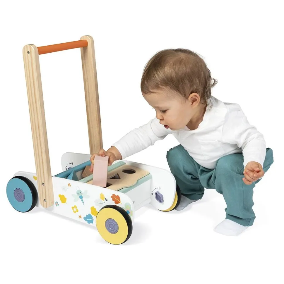 Chariot de marche enfant avec cubes en bois à encastrer pure