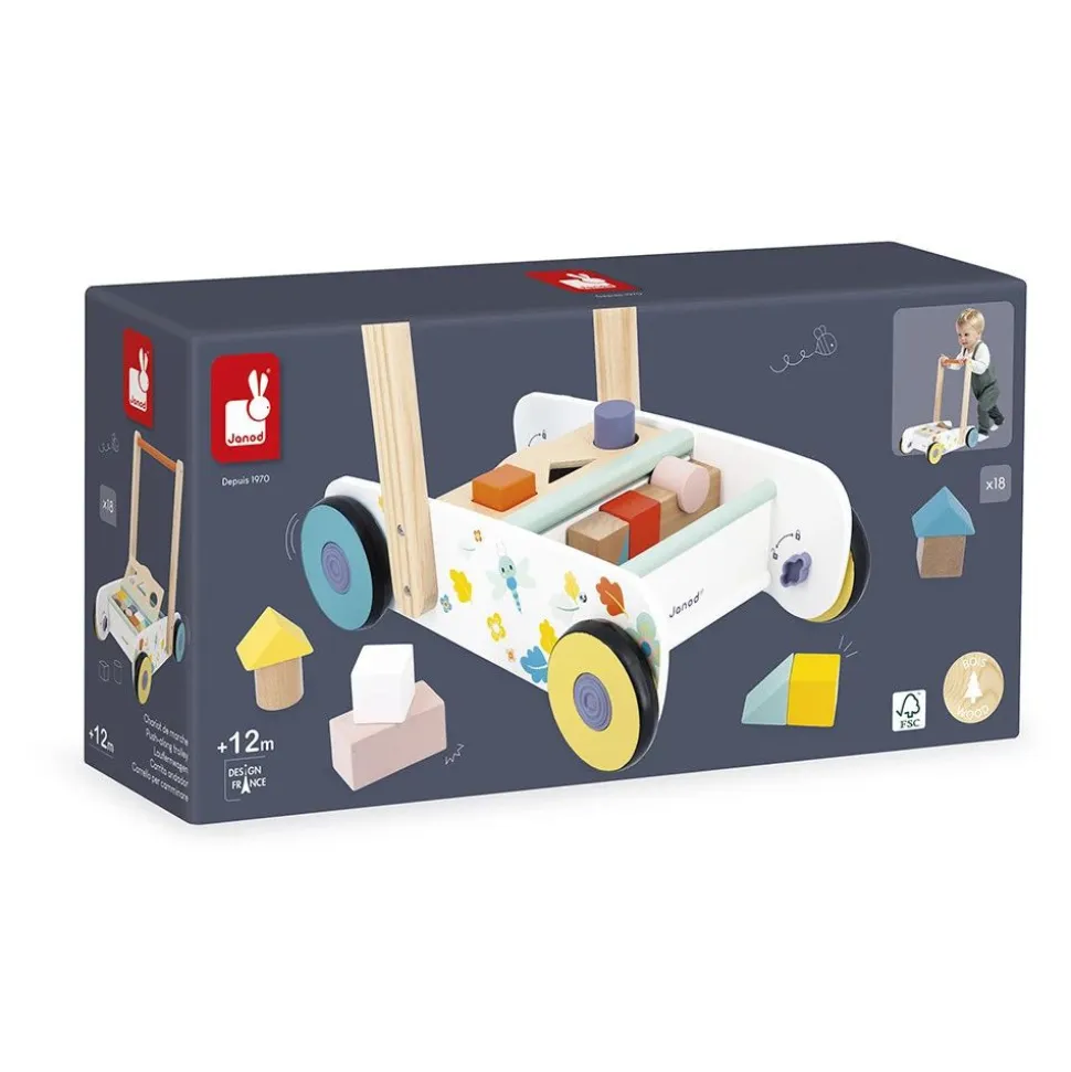 Chariot de marche enfant avec cubes en bois à encastrer pure