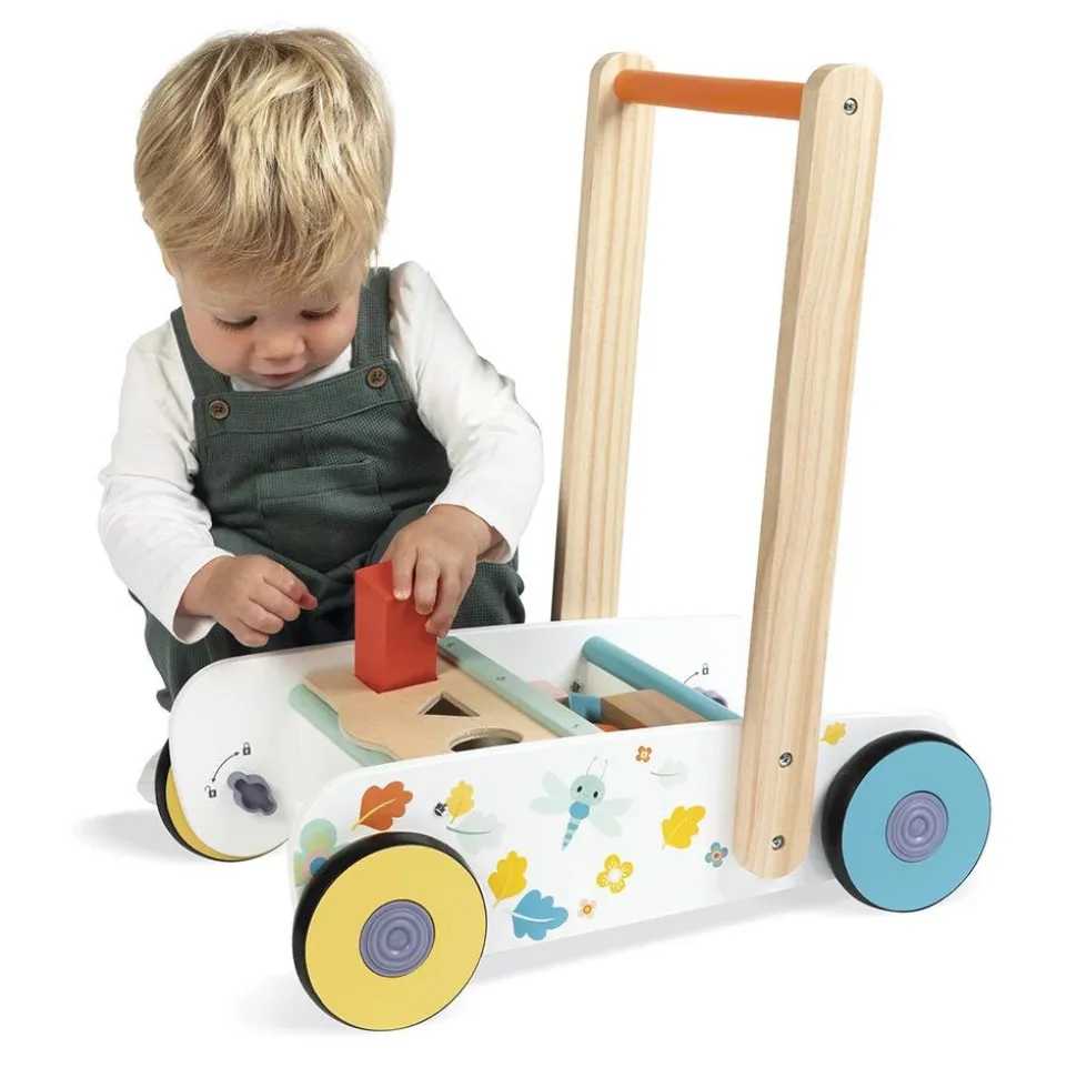 Chariot de marche enfant avec cubes en bois à encastrer pure