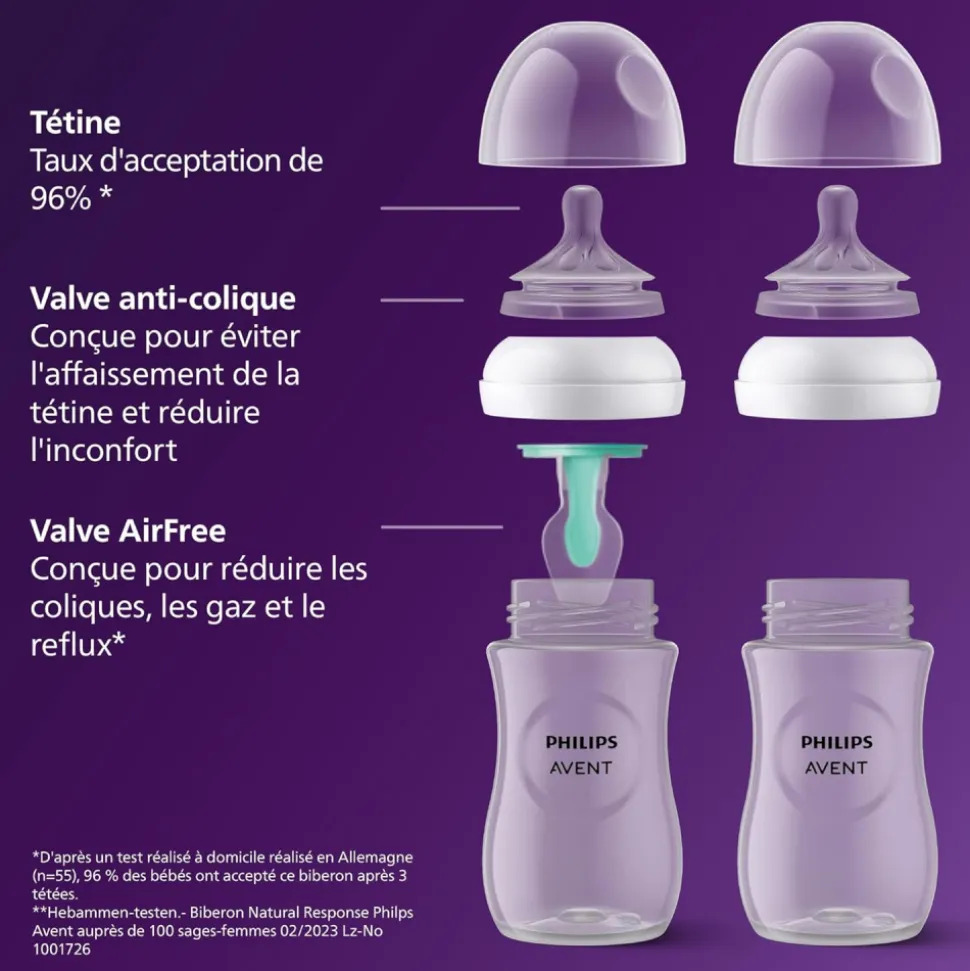 Coffret de 4 biberons natural response + 1 sucette ultra-douce 0-6 mois + 1 goupillon