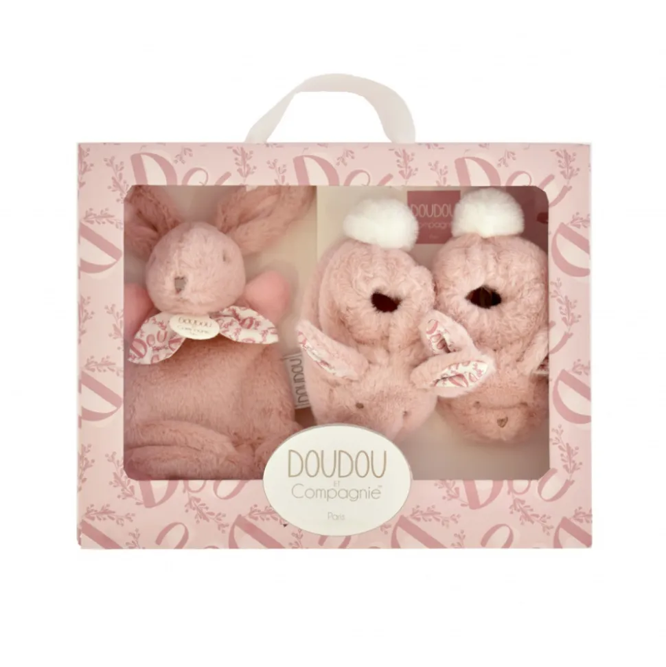 Coffret doudou lapin et chaussons rose