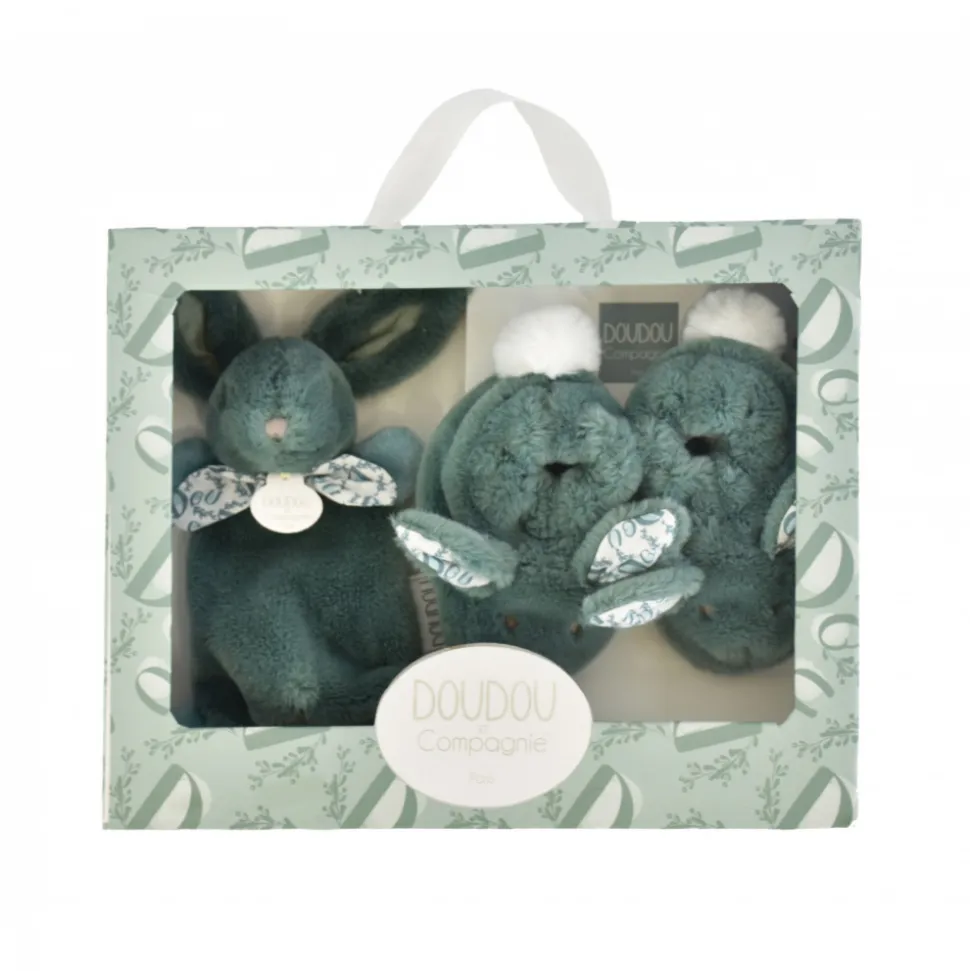 Coffret doudou lapin et chaussons vert sauge