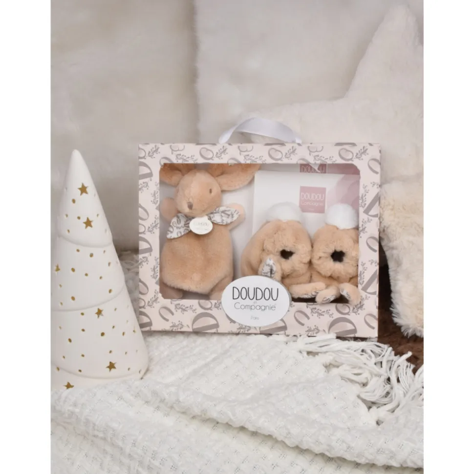 Coffret doudou lapin et chaussons beige