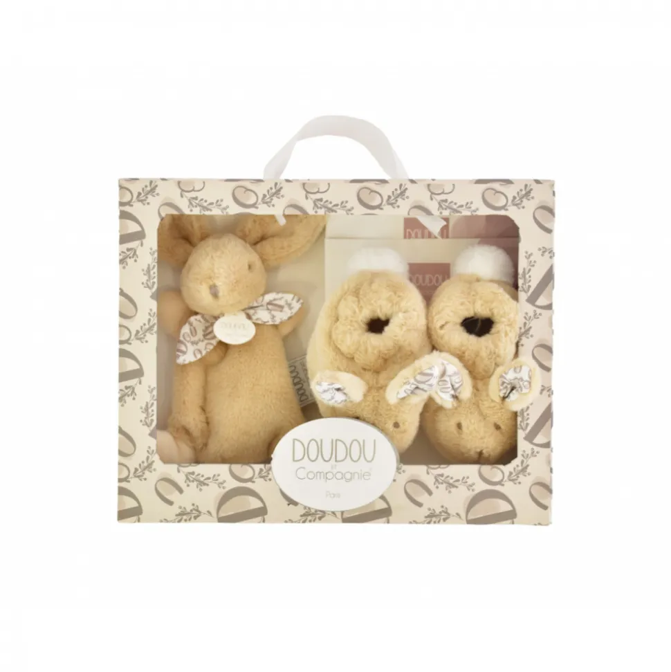 Coffret doudou lapin et chaussons beige