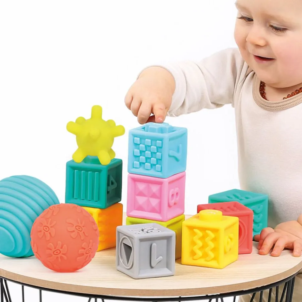 Coffret d'éveil sensoriel 6 balles et 6 cubes souples