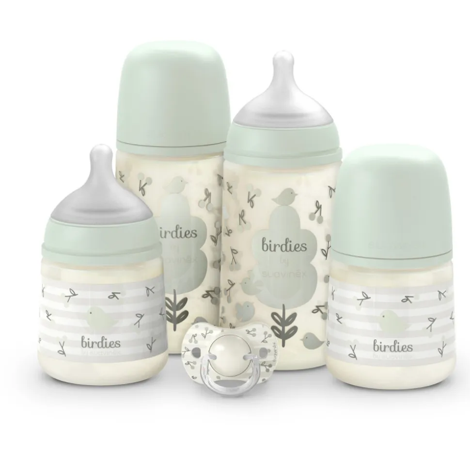 Coffret nouveau-né bébé birdies avec biberons et sucette sx pro vert