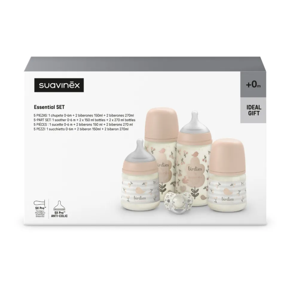 Coffret nouveau-né bébé birdies avec biberons et sucette sx pro rose