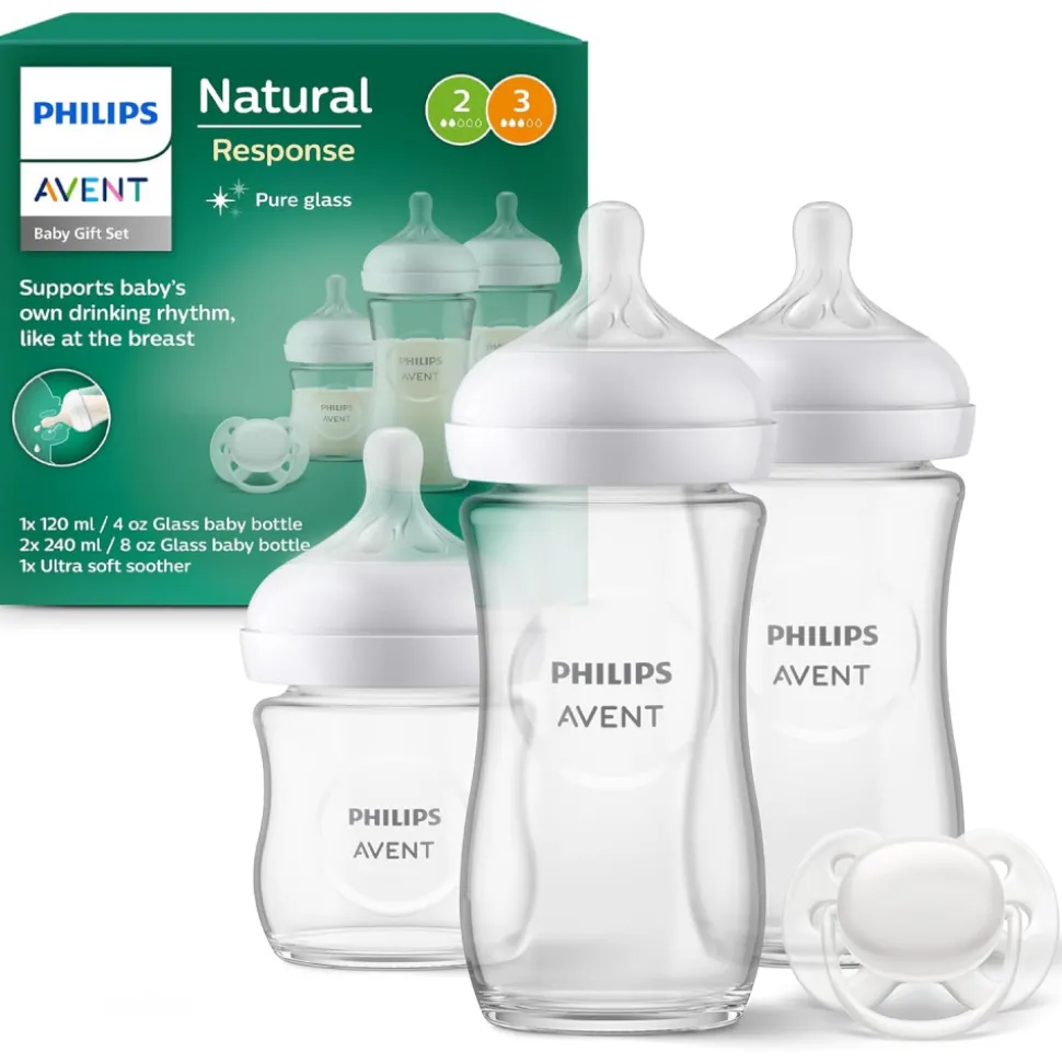 Coffret nouveau-né de 3 biberons natural response verre scd878/11 + 1 sucette