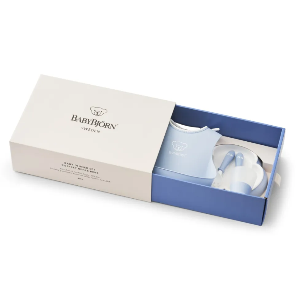 Coffret repas avec bavoir bleu pastel