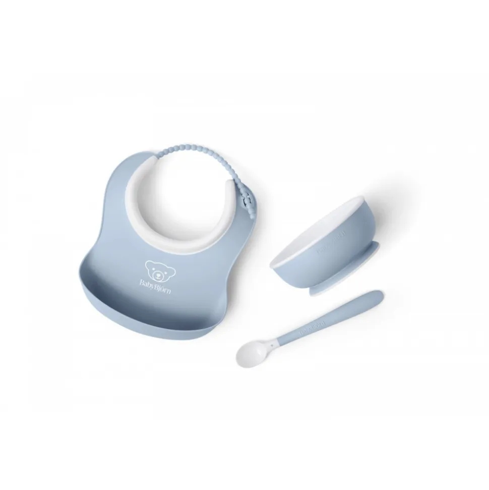 Coffret repas avec bavoir bleu pastel
