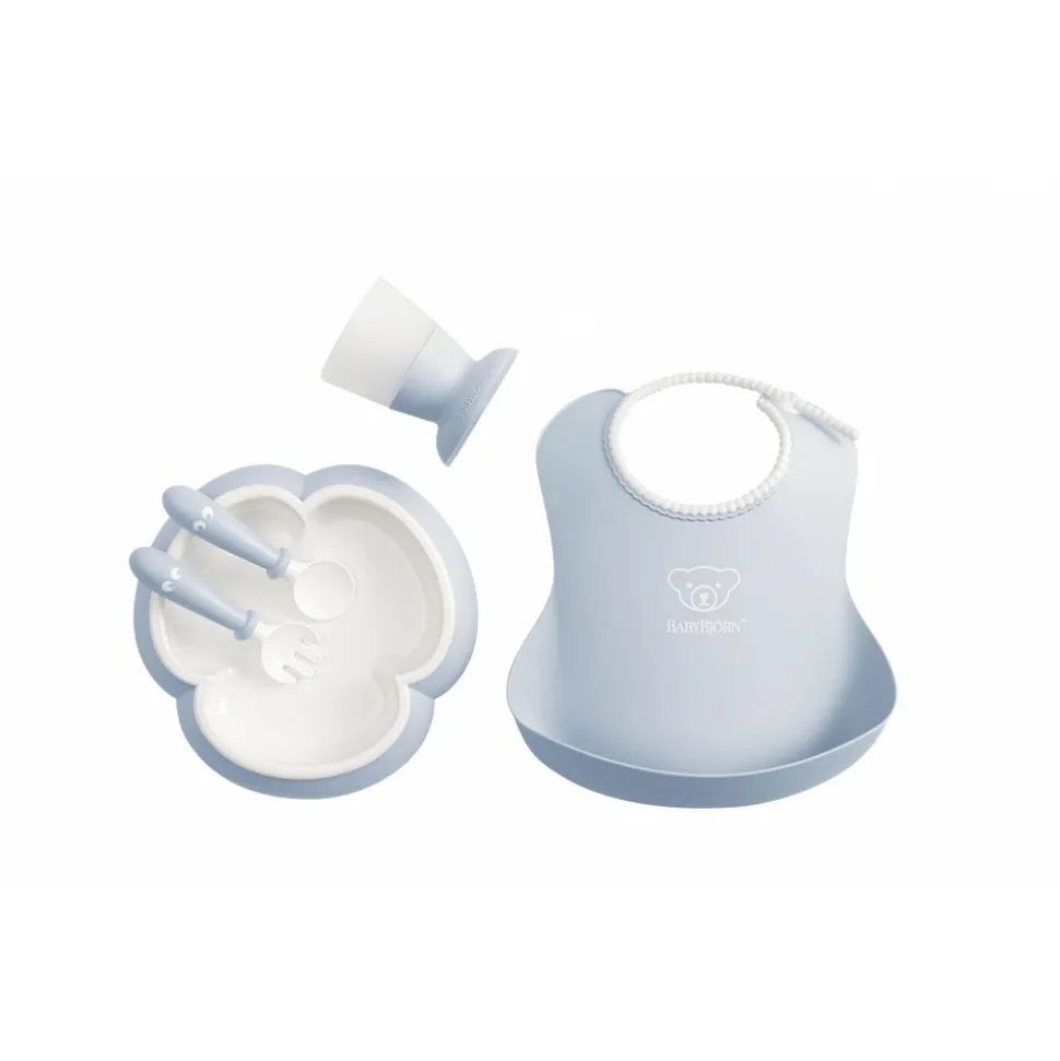 Coffret repas avec bavoir bleu pastel