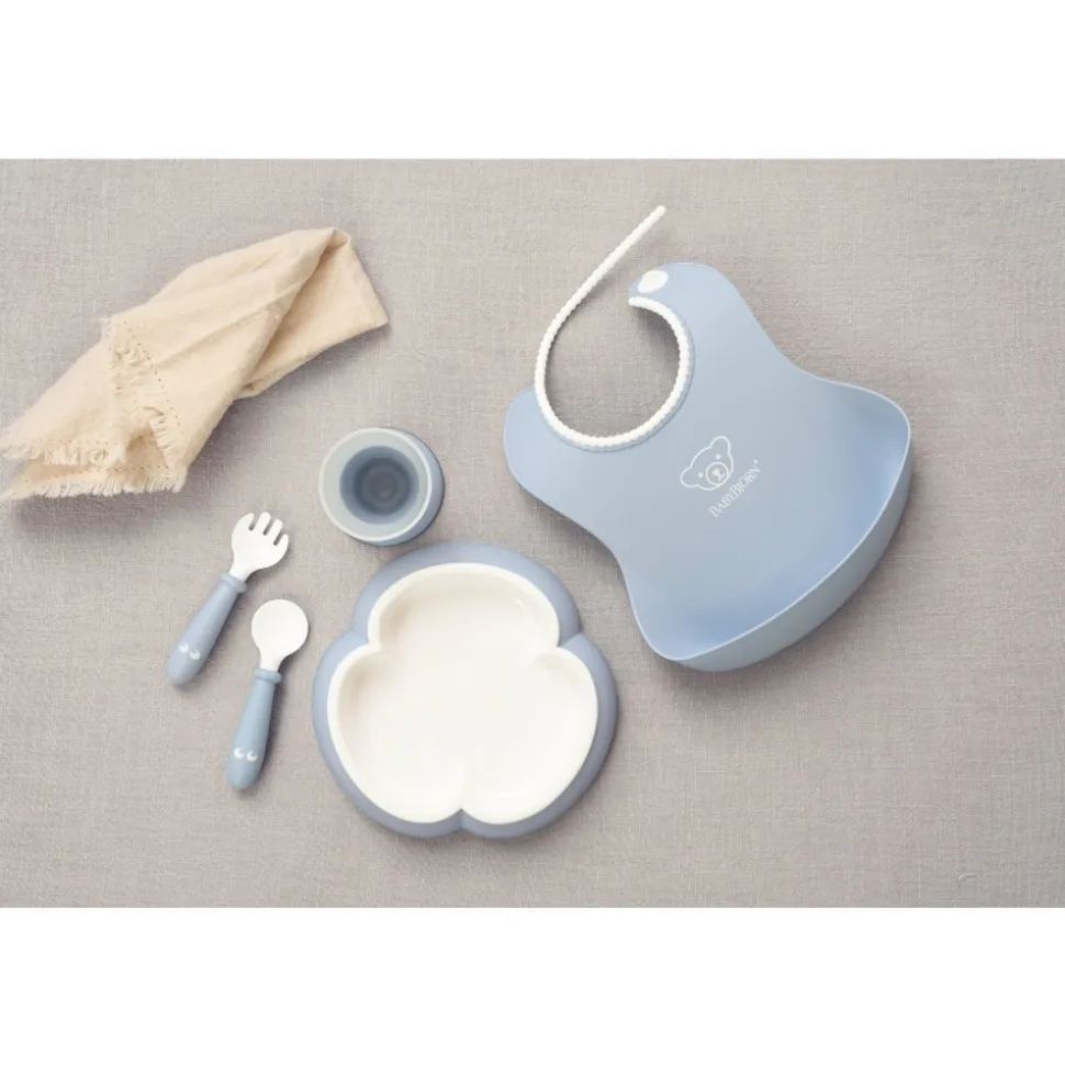 Coffret repas avec bavoir bleu pastel