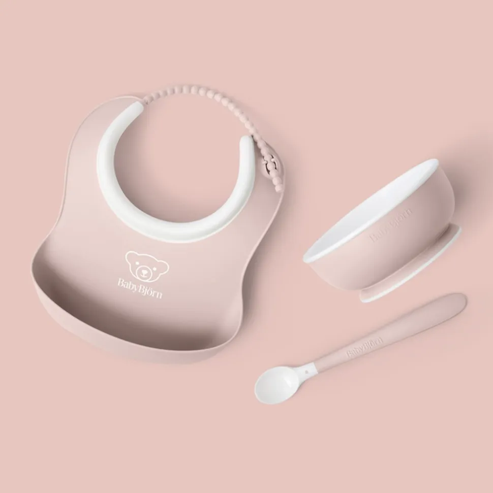 Coffret repas avec bavoir rose pastel